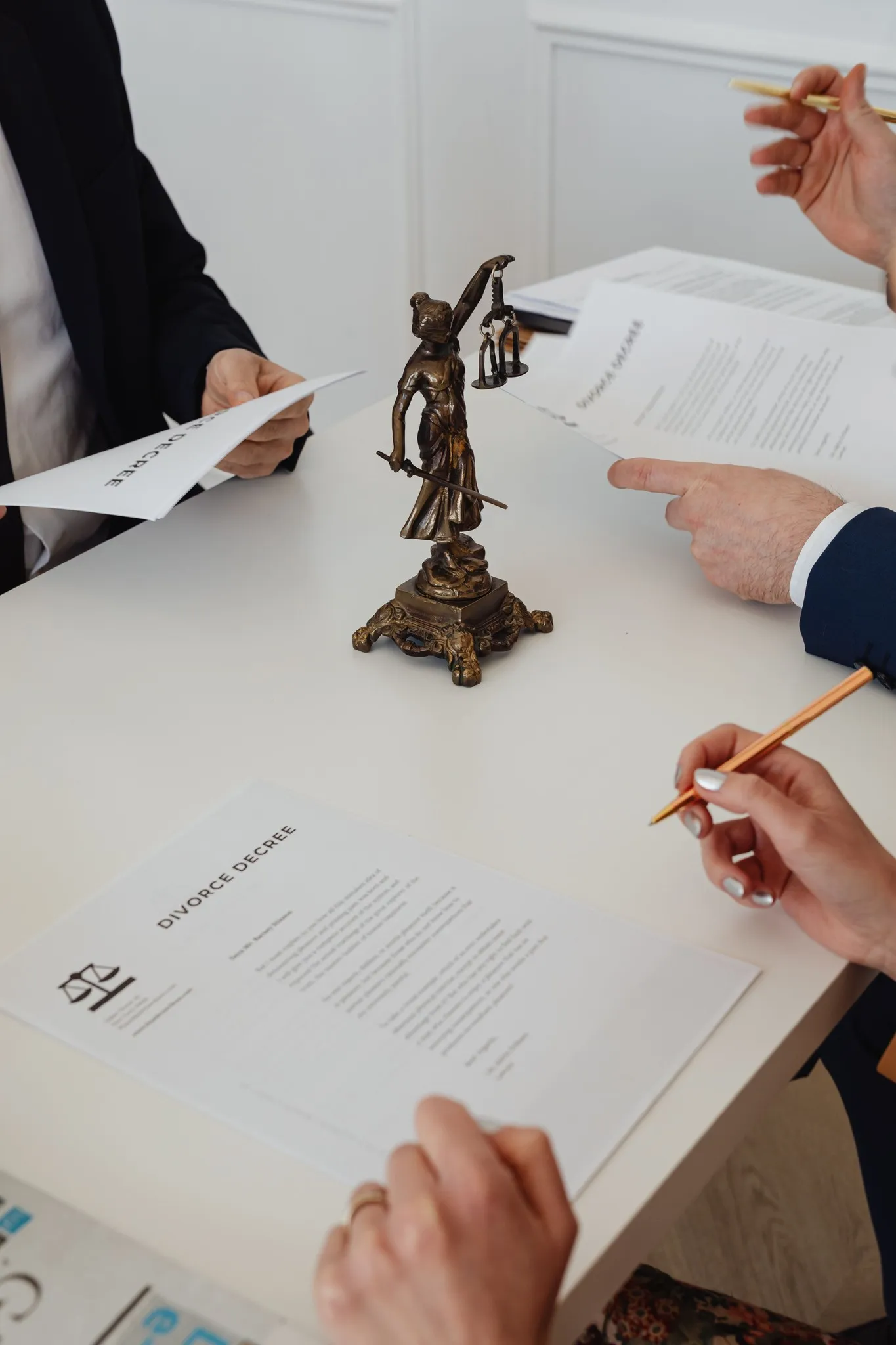 Estatuilla de la justicia junto a documentos legales